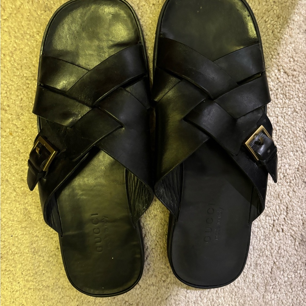 Gucci Black Leather Slide Sandals